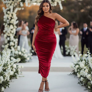 TAHARI ASL Red Velvet Ruched Velvet One Shoulder Dress Quiet Luxury Gothic Sz 12